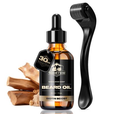 Waking Forest Derma Roller 0.25mm & Beard Oil(1oz), Sandalwood Beard Kit, Microneedle Beard Roller with 540 Titanium, Natural Moisturize with Vitamin E Beard Oil for Men, Fathers Boyfriend Dad