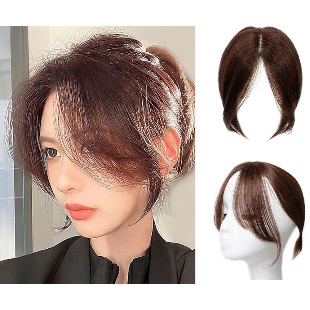 100% Human Hair Bangs - 100% Real Topper Middle Side Part Human Hair, Thick Side Bangs Clip In Real Human Hair Bangs Natural Clip On Side Bangs Straight Fringe Hair Extensions Hairpieces ( Color : Bro