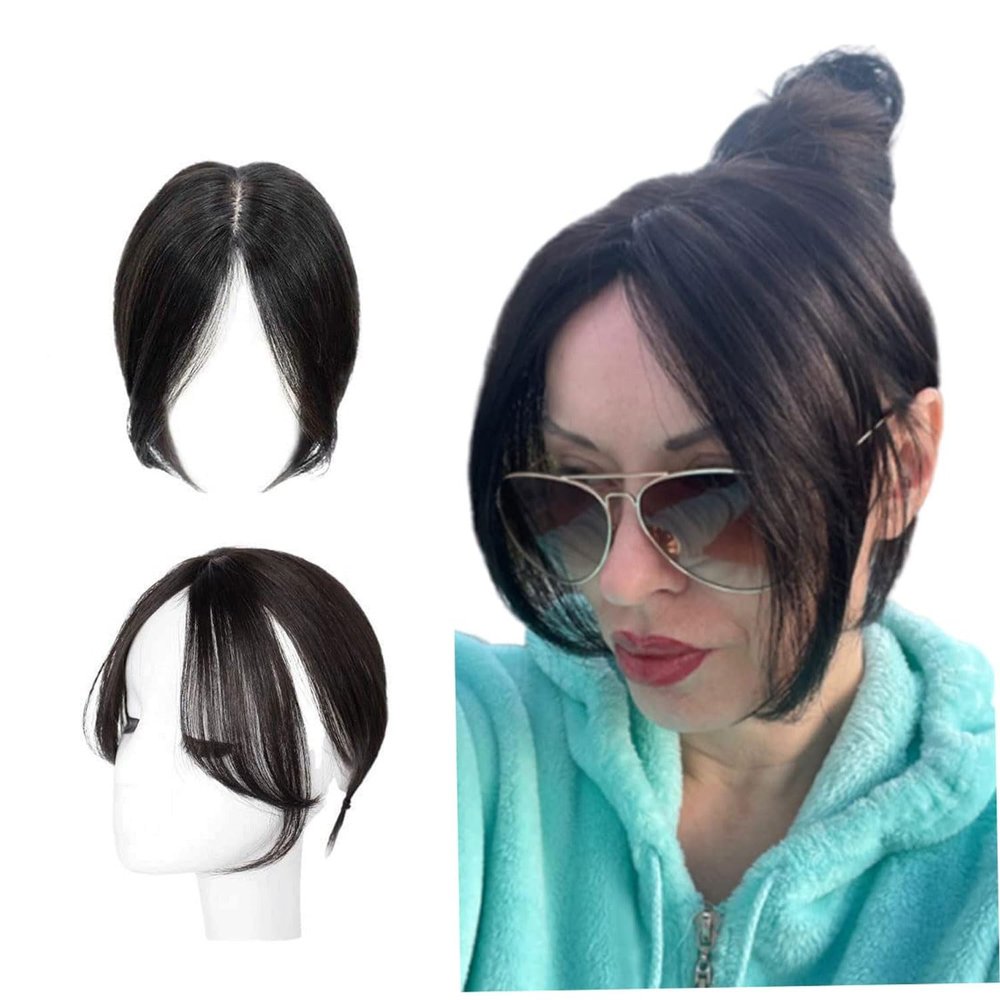 100% Human Hair Bangs - 100% Real Topper Middle Side Part Human Hair, Thick Side Bangs Clip In Real Human Hair Bangs Natural Clip On Side Bangs Straight Fringe Hair Extensions Hairpieces ( Color : Bla