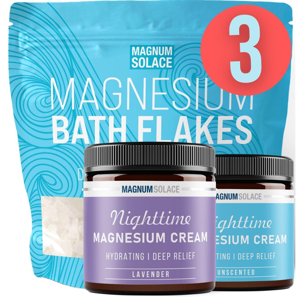 2 x Nighttime Magnesium Cream (Lavender, Unscented) & Large 10 LBS Bath Flakes: 3 Item Bundle