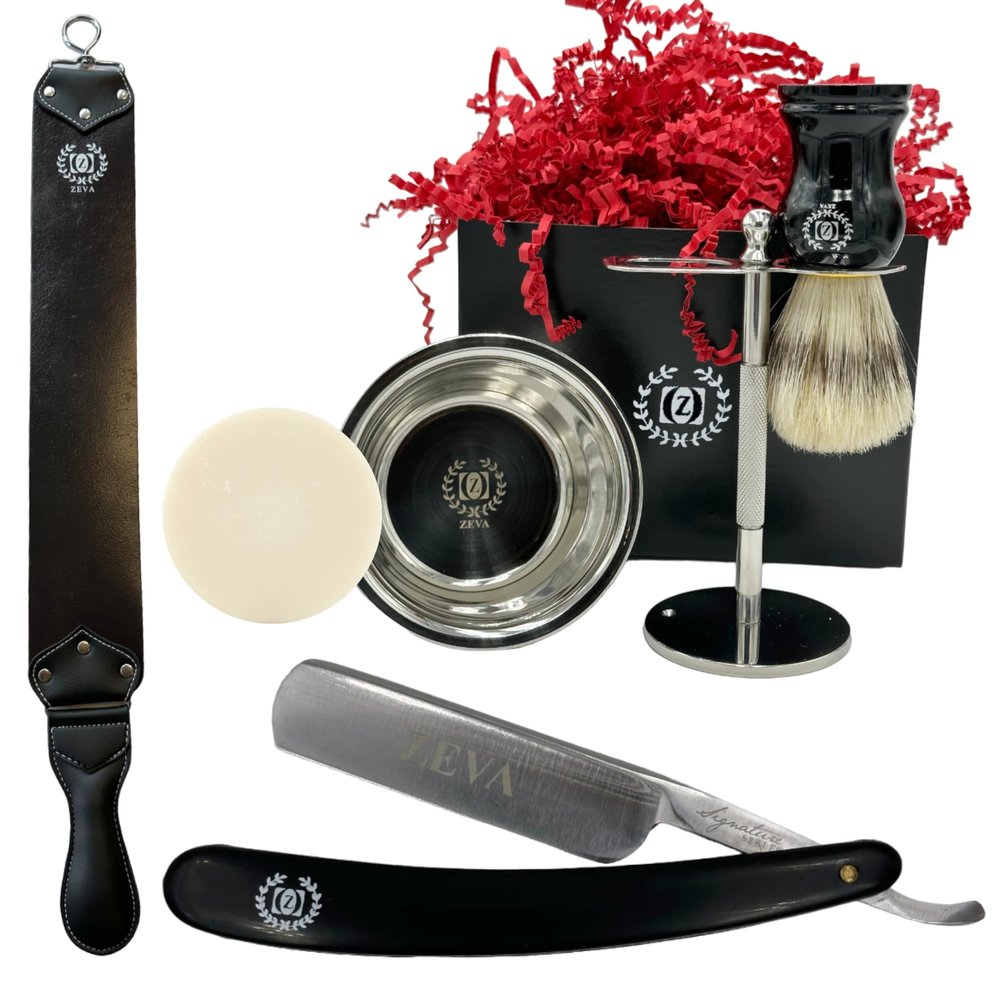 Zeva Straight Razor Kit with Strop Men Shaving Gift Set Shave Ready 5/8 High Carbon Steel Soap Bowl Drip Stand 100% Natural Bristle Shaving Brush