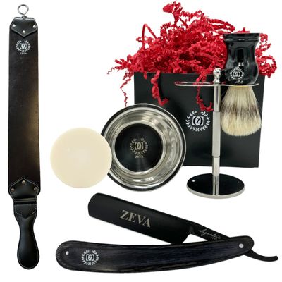 Men Gift Set Wet Shaving Wood Straight Razor Kit Carbon Steel Cow Leather Honning Strop for Stropping Grandpa Christmas Gift Box Close Shave