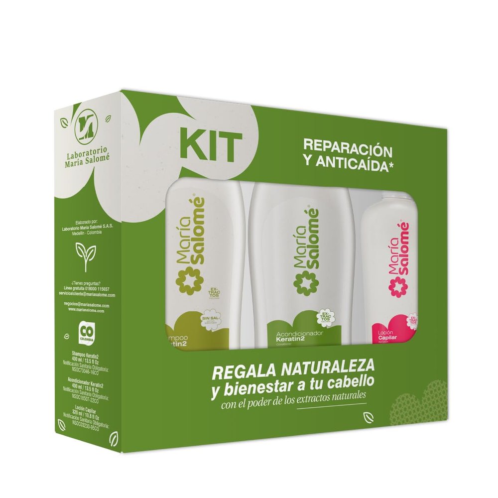 Maria Salome Keratin2 Hair Repair and Loss Prevention kit of Shampoo 13.5 fl.oz. - Conditioner 13.5fl.oz. - Lotion 11.8 fl.oz. Natural Products for Thinning Hair