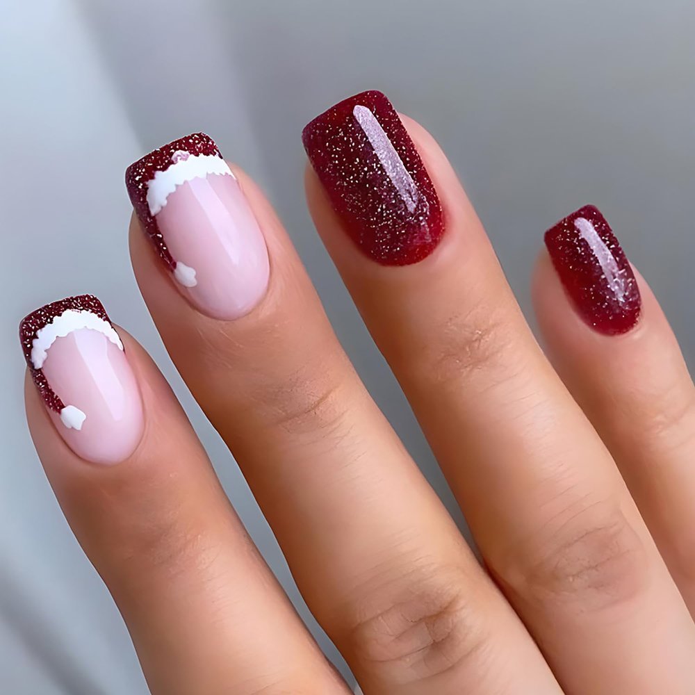 Christmas Fake Nails French Press on Nails Short Square RIICFDD Wine Red Christmas Nails with Cute Christmas Cap Designs Glitter Full Cover Stick on Nails False Nails for Women and Girls 24 Pcs