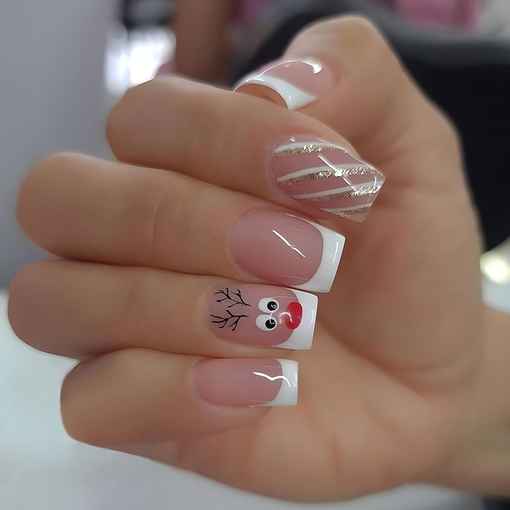 24 Pcs Christmas Press on Nails Medium Square RIICFDD Fake Nails Nude Pink Cute Deer Pattern Full Cover False Nails with Glitter Stripe Designs Stick on Nails Acrylic Winter Nails for Women Girls