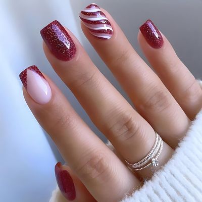 Christmas Press on Nails Short Square RIICFDD French Fake Nails Dark Red Acrylic Nails Glitter Designs Full Cover False Nails with Stripe Pattern Winter Nails for Women Girls 24 Pcs Xmas Nails