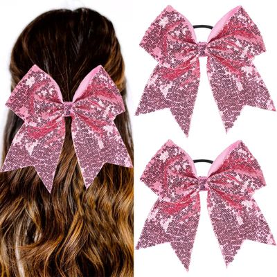 2 PCS 7" Large Glitter Cheer Bows Sequin Cheer Hair Bow Ties with Elastic Shiny Hair Bows Ponytail Holder Handmade for Cheerleader Girls Softball Sports Hair Accessories for Teens Kids(Pink)