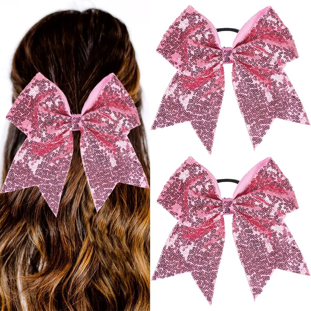2 PCS 7" Large Glitter Cheer Bows Sequin Cheer Hair Bow Ties with Elastic Shiny Hair Bows Ponytail Holder Handmade for Cheerleader Girls Softball Sports Hair Accessories for Teens Kids(Pink)