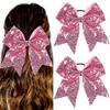 2 PCS 7" Large Glitter Cheer Bows Sequin Cheer Hair Bow Ties with Elastic Shiny Hair Bows Ponytail Holder Handmade for Cheerleader Girls Softball Sports Hair Accessories for Teens Kids(Pink) view 1