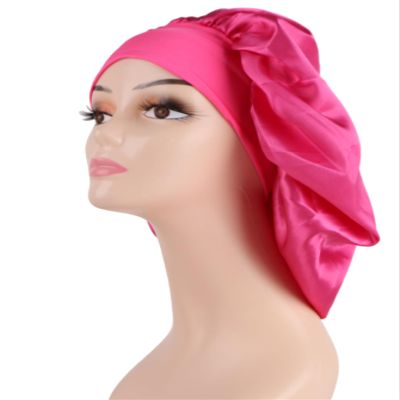 2 Pcs Extra Large Size Women Satin Bonnet Sleep Cap Silk Feeling Shower Cap Hair Scarf Wrap (Black Burgundy Hot Pink) (Hot Pink)