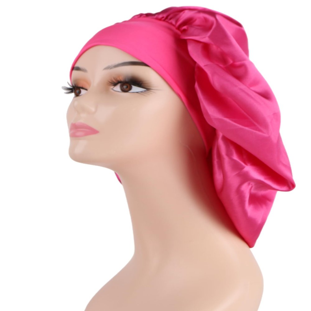 2 Pcs Extra Large Size Women Satin Bonnet Sleep Cap Silk Feeling Shower Cap Hair Scarf Wrap (Black Burgundy Hot Pink) (Hot Pink)