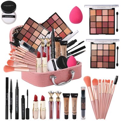 Delymol All in One Makeup Kit for Teen Girls - 2X16 Colors Eyeshadow, Liquid Foundation, Eyeliner Pencils, Contouring Stick, Lip Gloss, Eyebrow Pencils & 8pcs Makeup Brushes (Pink)