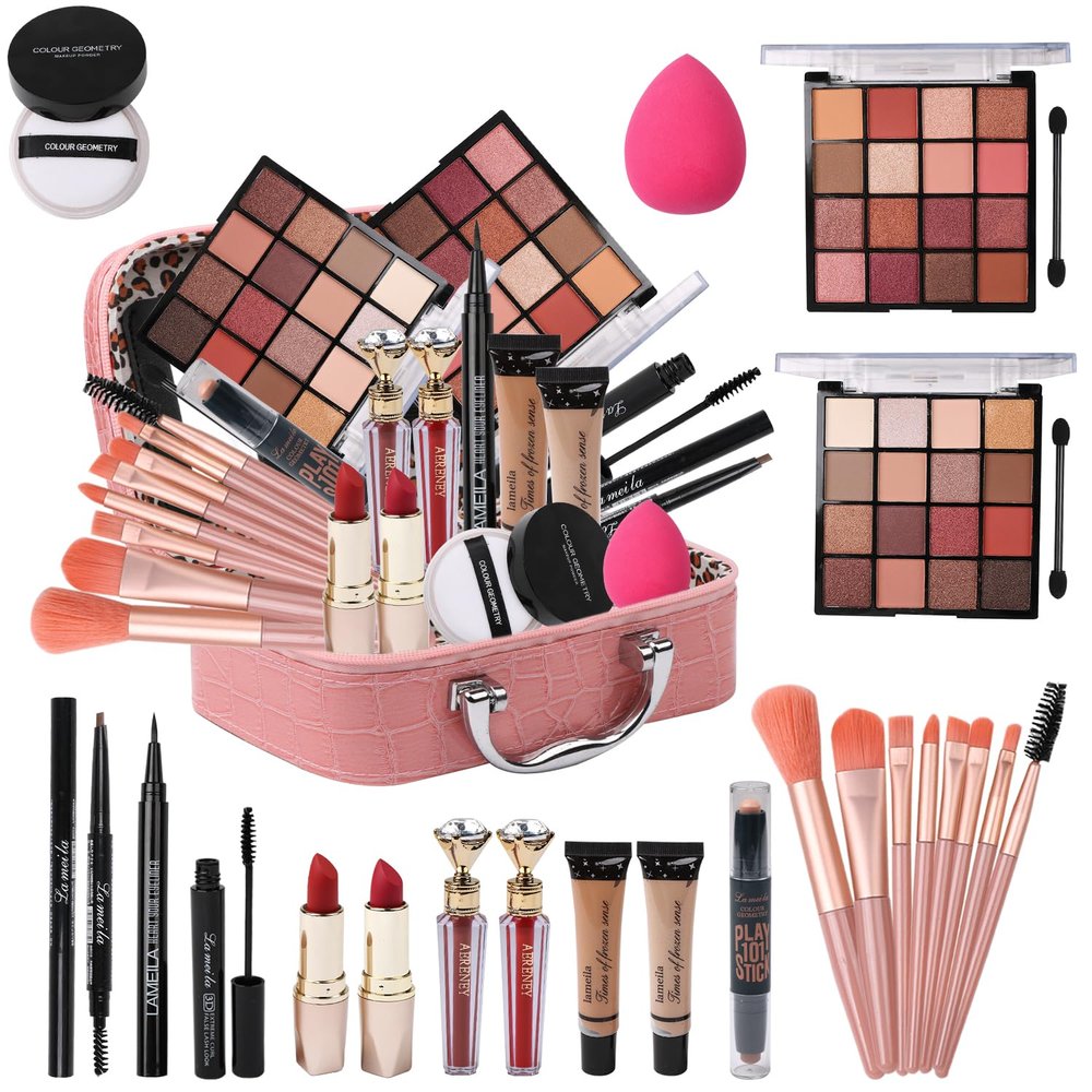 Delymol All in One Makeup Kit for Teen Girls - 2X16 Colors Eyeshadow, Liquid Foundation, Eyeliner Pencils, Contouring Stick, Lip Gloss, Eyebrow Pencils & 8pcs Makeup Brushes (Pink)