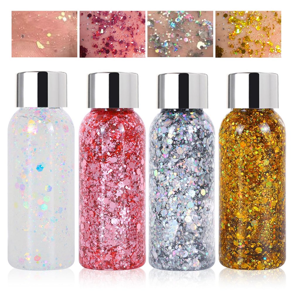 4PCS Body Glitter Gel Mermaid Face Hair Glitter Gel Long Lasting Sparkling Singer Concerts Music Festival Rave Accessories Face Body Glitter Makeup for Women