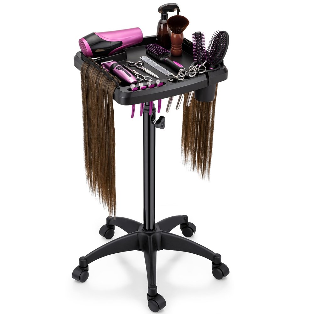 Hair Extension Tray Cart on Wheels w/Storage Holder, Height Adjust & Removable Hairstylist Rolling Tray Barber Tray Cart with Wheels, Salon Hair Extension Trolley Cart Hairdresser Stylist Color Tray