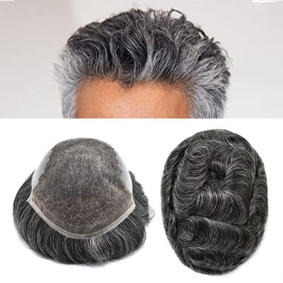 Hair System Replacement Toupee for Men French Swiss Lace Mens Toupee Poly Thin Skin Human Hair Piece Natural Bleached Knot (8"X10", #1B40 Off Black+40% Gray-110% Light to Medium Density)