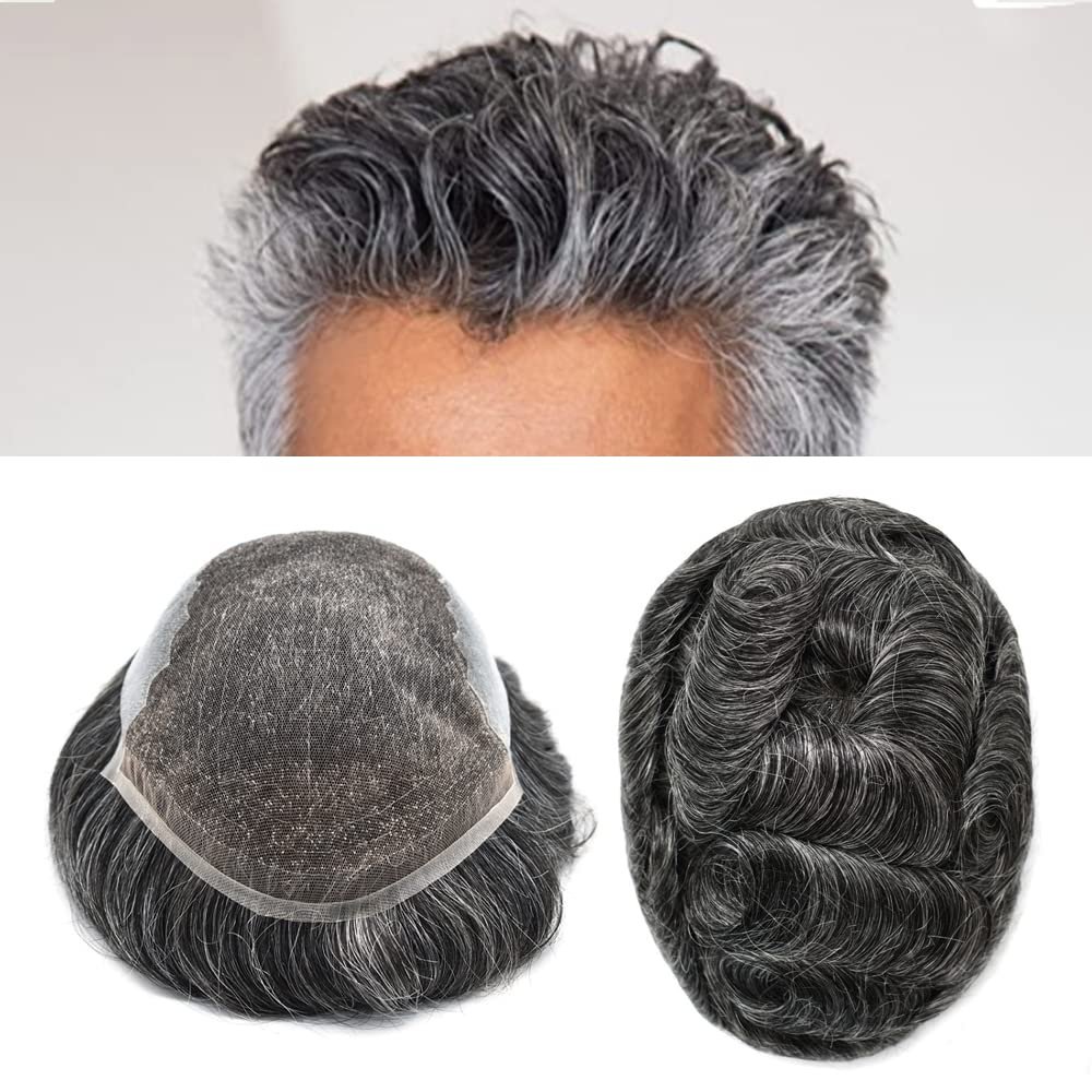 Hair System Replacement Toupee for Men French Swiss Lace Mens Toupee Poly Thin Skin Human Hair Piece Natural Bleached Knot (8"X10", #1B40 Off Black+40% Gray-110% Light to Medium Density)