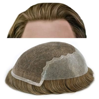 Hair System Replacement Toupee for Men French Swiss Lace Mens Toupee Poly Thin Skin Human Hair Piece Natural Bleached Knot (8"X10", #1820 Medium Blonde+20% Gray-80% Light Density)
