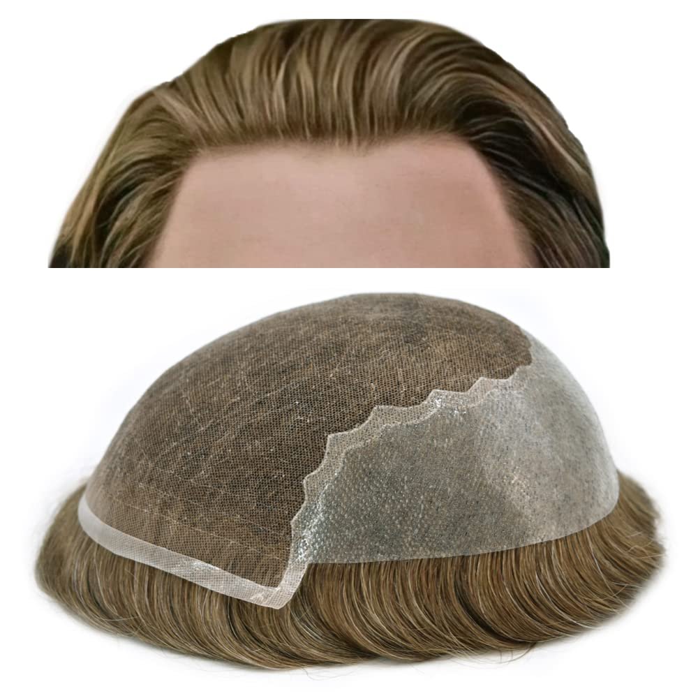 Hair System Replacement Toupee for Men French Swiss Lace Mens Toupee Poly Thin Skin Human Hair Piece Natural Bleached Knot (8"X10", #1820 Medium Blonde+20% Gray-80% Light Density)