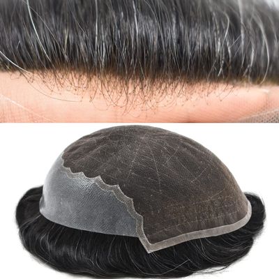 Hair System Replacement Toupee for Men French Swiss Lace Mens Toupee Poly Thin Skin Human Hair Piece Natural Bleached Knot (8"X10", #1B10 Off Black+10% Gray-120% Medium Light to Medium Density)