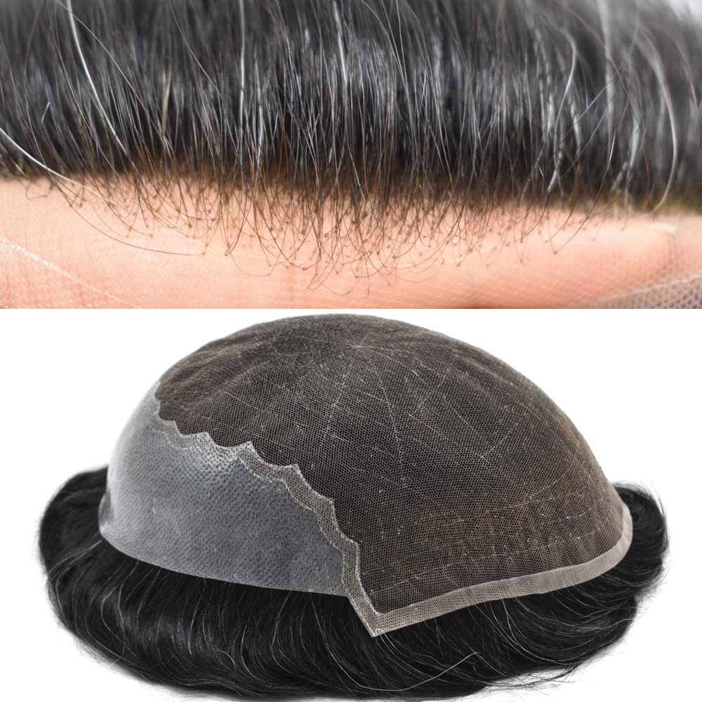 Hair System Replacement Toupee for Men French Swiss Lace Mens Toupee Poly Thin Skin Human Hair Piece Natural Bleached Knot (8"X10", #1B10 Off Black+10% Gray-120% Medium Light to Medium Density)