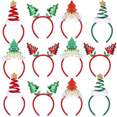 Liliful 12 Pcs Christmas Tree Headband Glitter Xmas Tree Headwear Christmas Accessories Costume Hair for Women Adult