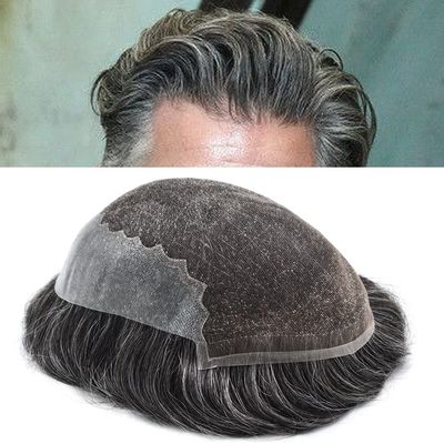 Hair System Replacement Toupee for Men French Swiss Lace Mens Toupee Poly Thin Skin Human Hair Piece Natural Bleached Knot (8"X10", #1B60 Off Black+60% Gray-90% Light Density)