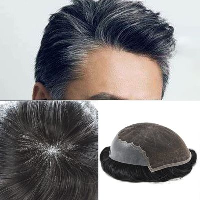 Hair System Replacement Toupee for Men French Swiss Lace Mens Toupee Poly Thin Skin Human Hair Piece Natural Bleached Knot (8"X10", #1B10 Off Black+10% Gray-80% Light Density)