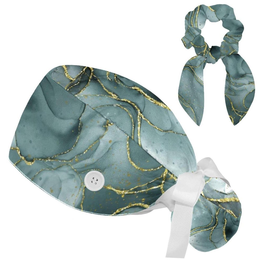 Ink Marble Scrub Cap, Adjustable Working Cap with Button, Bouffant Caps with Bow Hair Scrunchy