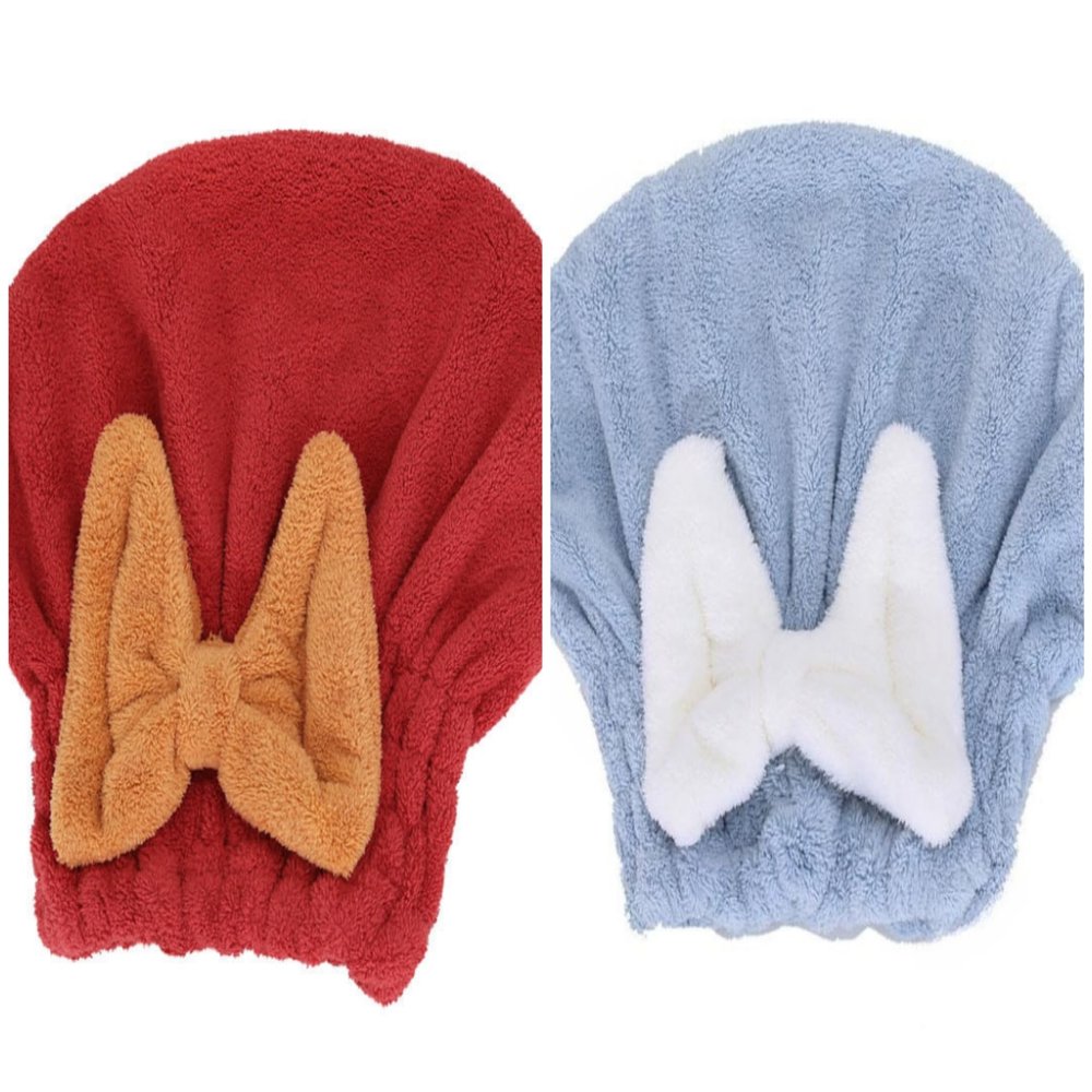 LUGEMA Super Absorbent Hair Towel Wrap, Microfiber Quick Drying Cap for Curly Thick Hair, Fast Drying Hair Turban Wrap for Girls and Women (Blue+Red)