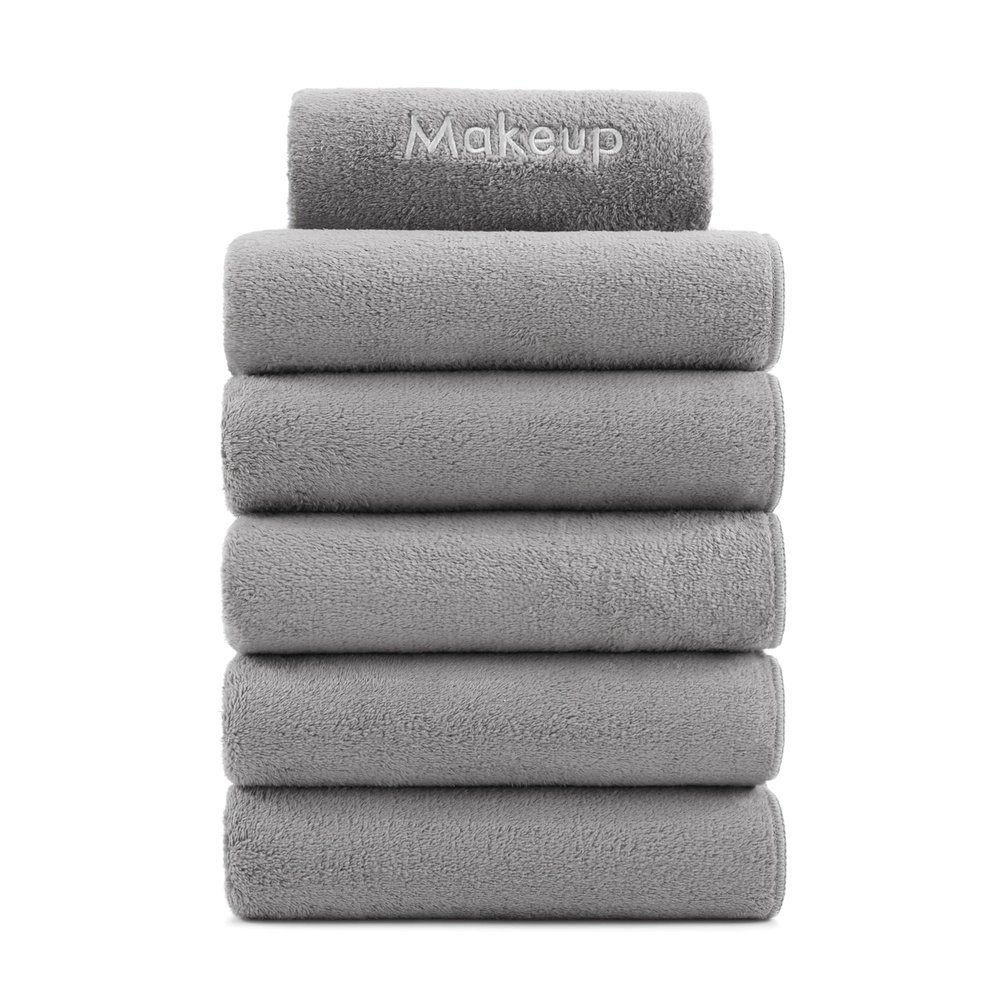 Arkwright Makeup Remover Wash Cloth - Pack of 6 - Ultra Soft & Gentle Microfiber Coral Fleece Small Fingertip Towels, Decorative Powder Room & Guest Bathroom Essentials for Hosts, 11 x 17 in, Grey