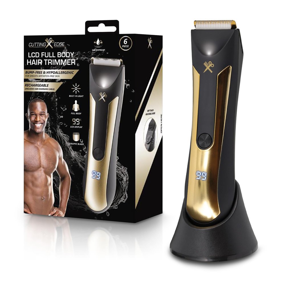 Cutting Edge Body Trimmer for Men, Waterproof Body Hair Trimmer with Adjustable Guide Comb & Light, Ceramic Blade, LCD Indicator, Rechargeable 90 Minute Run-Time, Hypoallergenic & Irritation-Free