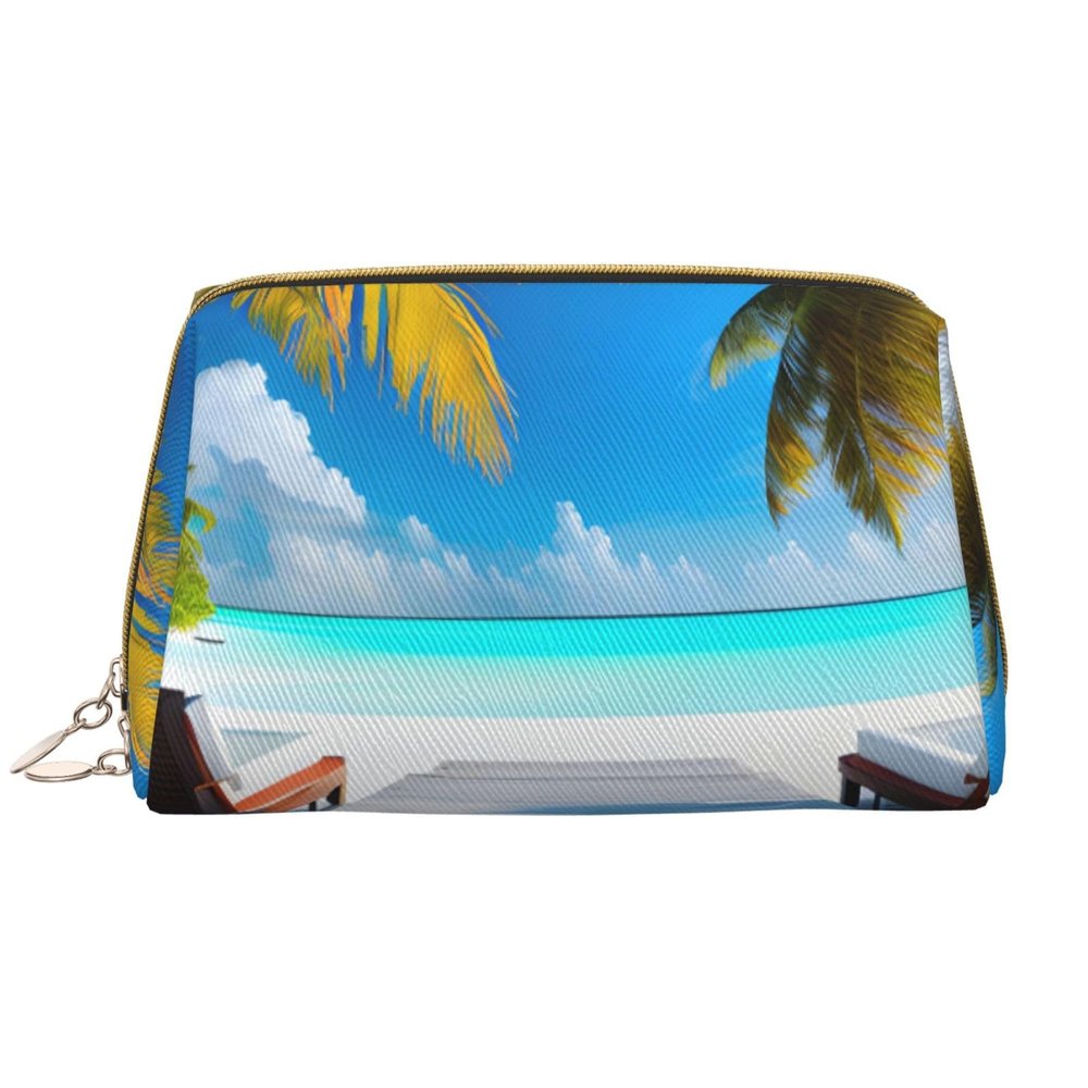 Maldives Holidays Leather Portable Large Makeup Bag, Pvc Leather, Zipper Closure,Toiletry Bag Travel Bag, Travel Storage Bag