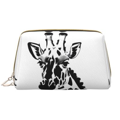 Black And White Giraffe Leather Portable Large Makeup Bag, Pvc Leather, Zipper Closure,Toiletry Bag Travel Bag, Travel Storage Bag