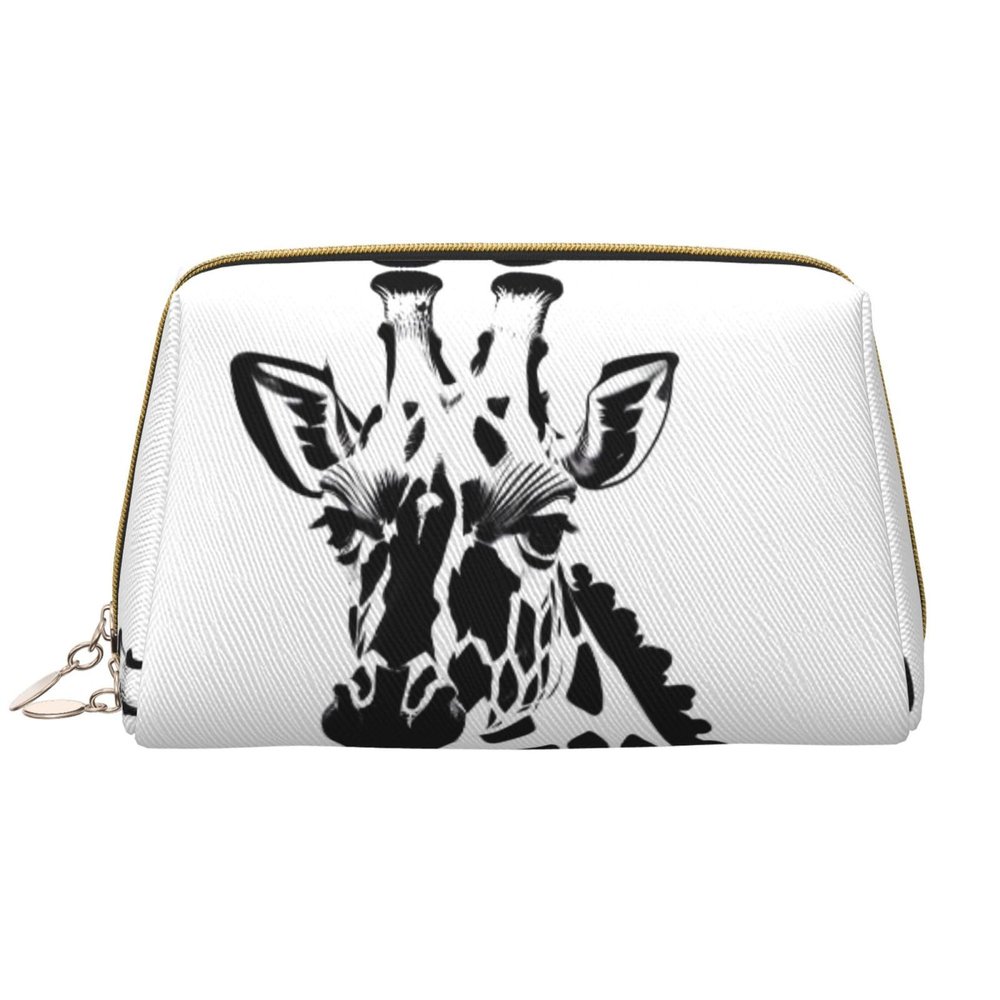 Black And White Giraffe Leather Portable Large Makeup Bag, Pvc Leather, Zipper Closure,Toiletry Bag Travel Bag, Travel Storage Bag
