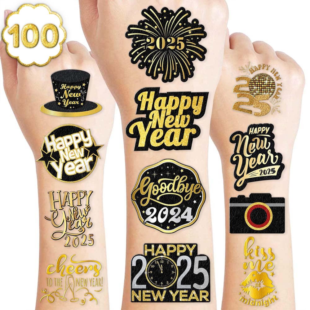 10 Sheets New Year's Eve Temporary Tattoos  2025 Party Decorations, Favors & Supplies for Adults Kids Men Women, Happy New Year Celebration Stickers Gifts
