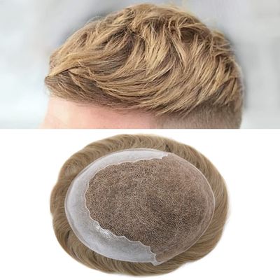 Hair System Replacement Toupee for Men French Swiss Lace Mens Toupee Poly Thin Skin Human Hair Piece Natural Bleached Knot (8"X10", #20 Light Ash Blonde-80% Light Density)