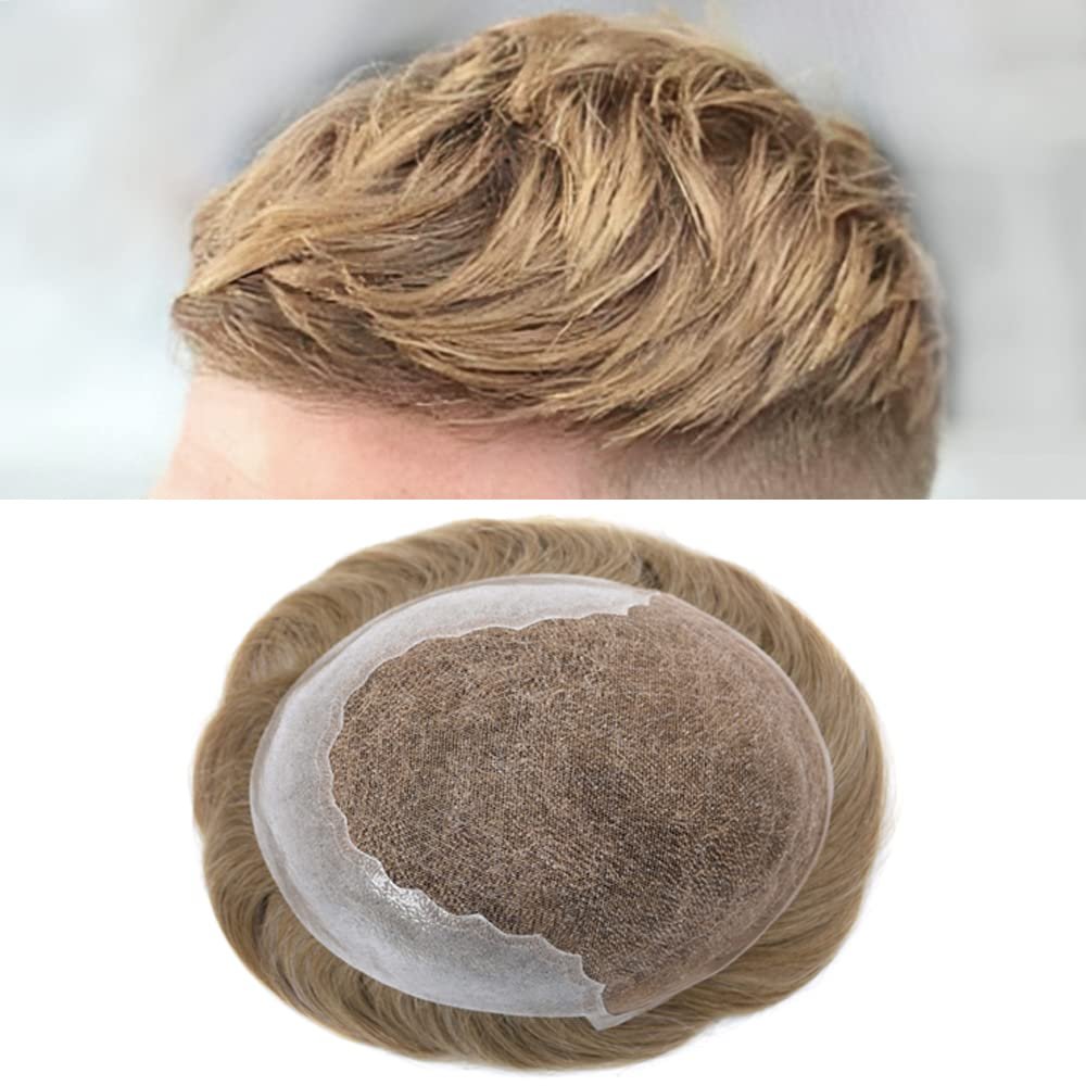 Hair System Replacement Toupee for Men French Swiss Lace Mens Toupee Poly Thin Skin Human Hair Piece Natural Bleached Knot (8"X10", #20 Light Ash Blonde-80% Light Density)
