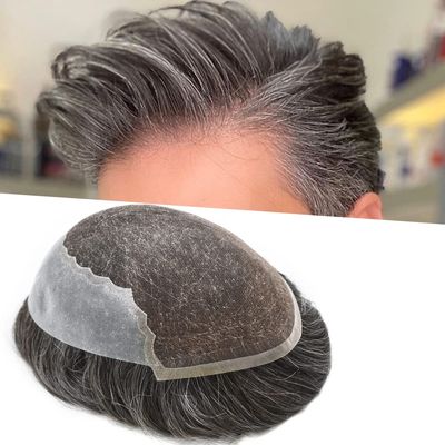 Hair System Replacement Toupee for Men French Swiss Lace Mens Toupee Poly Thin Skin Human Hair Piece Natural Bleached Knot (8"X10", #260 Darkest Brown+60% Gray-110% Light to Medium Density)