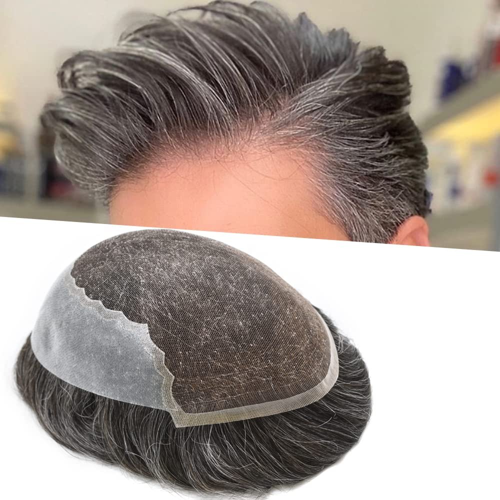 Hair System Replacement Toupee for Men French Swiss Lace Mens Toupee Poly Thin Skin Human Hair Piece Natural Bleached Knot (8"X10", #260 Darkest Brown+60% Gray-110% Light to Medium Density)