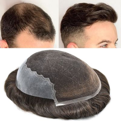 Hair System Replacement Toupee for Men French Swiss Lace Mens Toupee Poly Thin Skin Human Hair Piece Natural Bleached Knot (8"X10", #210 Darkest Brown+10% Gray-110% Light to Medium Density)