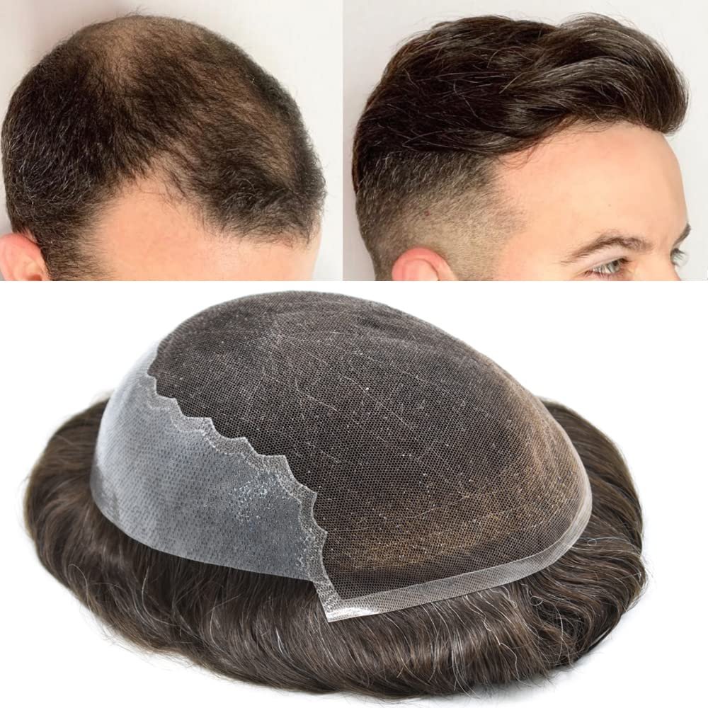 Hair System Replacement Toupee for Men French Swiss Lace Mens Toupee Poly Thin Skin Human Hair Piece Natural Bleached Knot (8"X10", #210 Darkest Brown+10% Gray-110% Light to Medium Density)