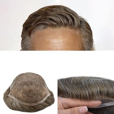 Toupee for Men Hair System Replacement French Swiss Lace Mens Toupee Poly Thin Skin Human Hair Piece Bleached Knot (8"X10", #440 Medium Brown+40% Gray-90% Light Density)