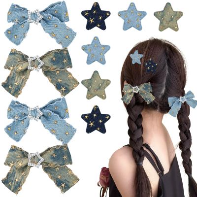 10Pcs Star Hair Clips Y2K Blue Hair Bows for Women Girls Denim Small Barrettes Fine Hairs No Slip Cute Hairs Pins Kawaii Metal Clips Ribbons Styling Bowknot Accessories for Teens Kids