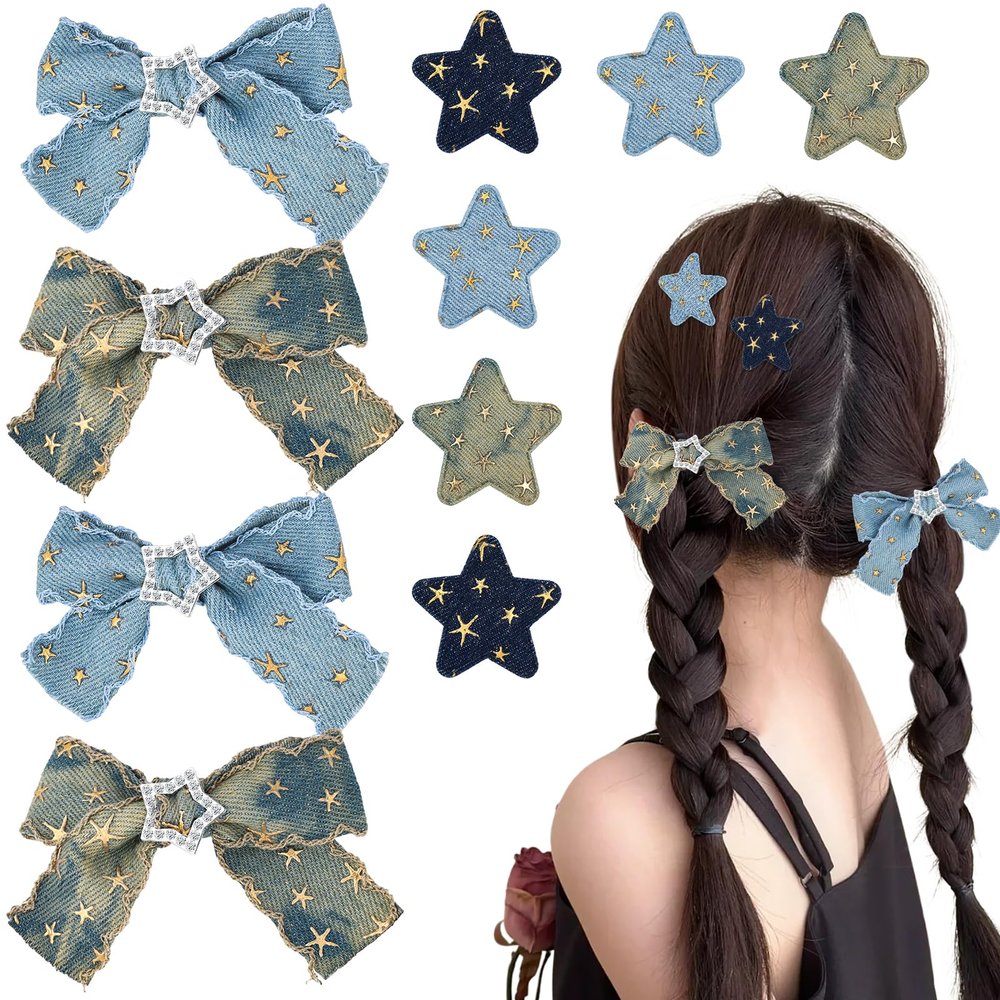 10Pcs Star Hair Clips Y2K Blue Hair Bows for Women Girls Denim Small Barrettes Fine Hairs No Slip Cute Hairs Pins Kawaii Metal Clips Ribbons Styling Bowknot Accessories for Teens Kids