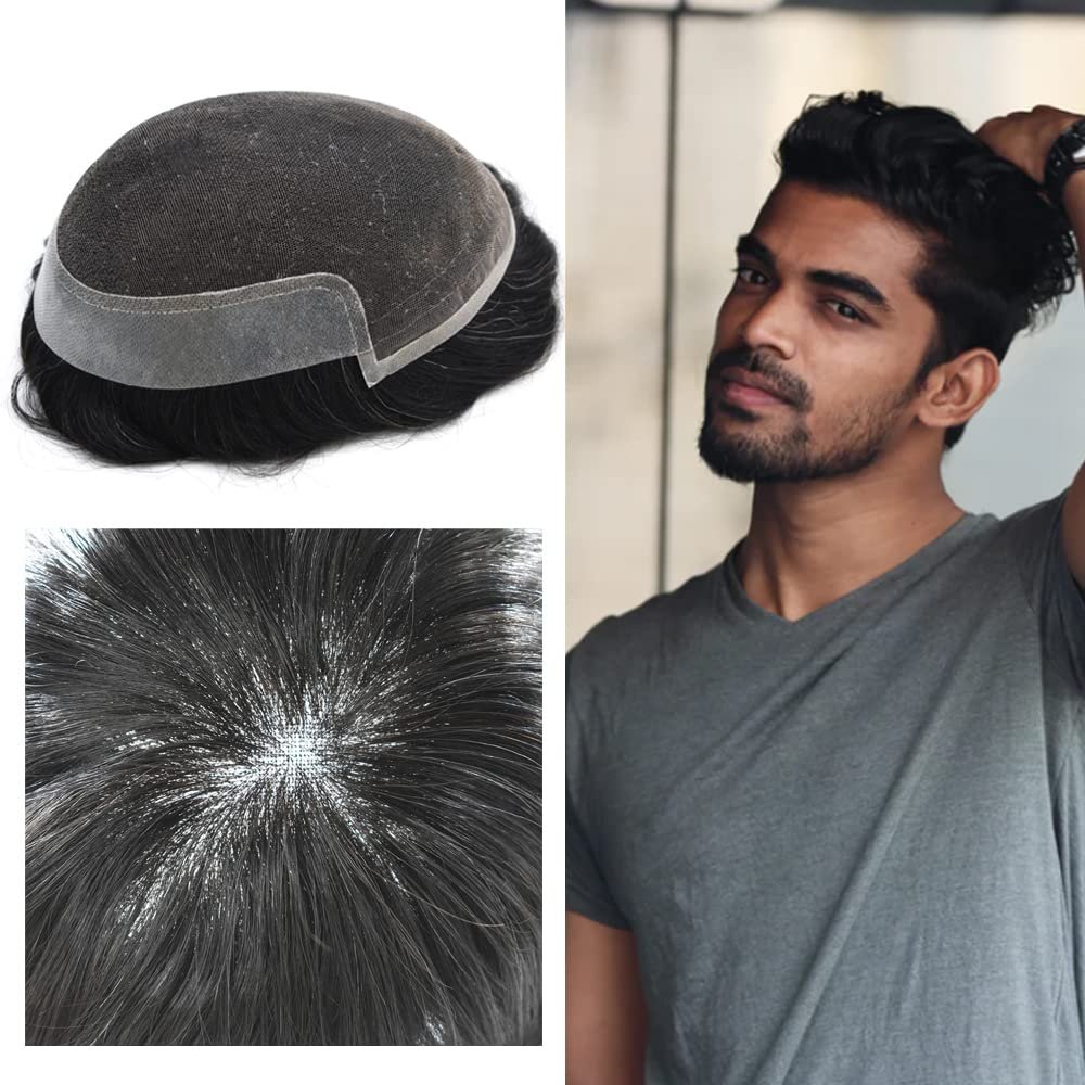French Lace Front Mens Toupee European Human Hair Piece Bleached Knots Natural Hairline Men Hair System Toupee for Men Hair Prostesis8X10"-100% density#1B20 Off Black+20% Gray