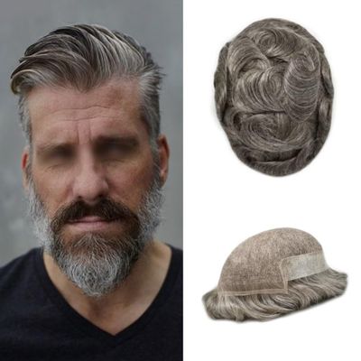 French Lace Front Mens Toupee European Human Hair Piece Bleached Knots Natural Hairline Men Hair System Toupee for Men Hair Prostesis7X9"-100% density#260 Darkest Brown+60% Gray