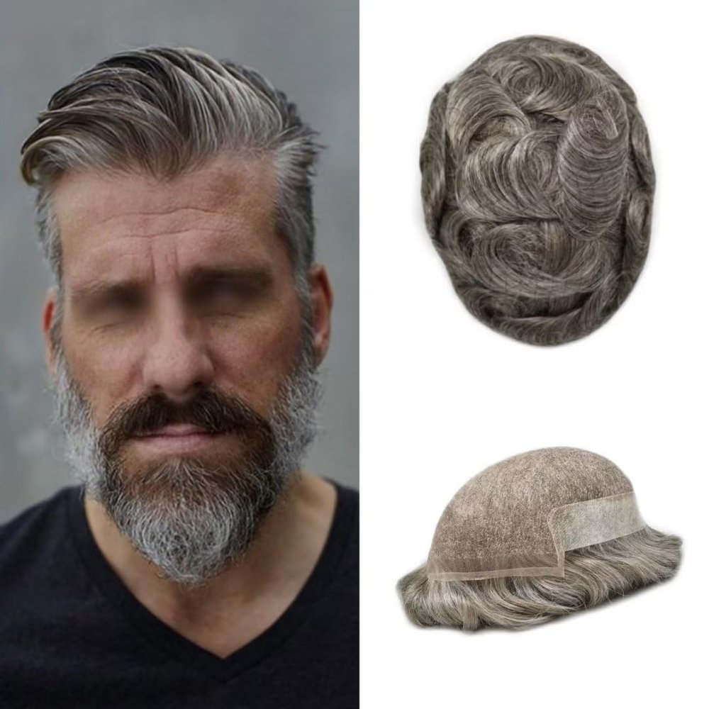 French Lace Front Mens Toupee European Human Hair Piece Bleached Knots Natural Hairline Men Hair System Toupee for Men Hair Prostesis7X9"-100% density#260 Darkest Brown+60% Gray