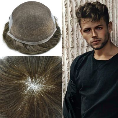 French Lace Front Mens Toupee European Human Hair Piece Bleached Knots Natural Hairline Men Hair System Toupee for Men Hair Prostesis7X9"-100% density#7 Very Light Brown