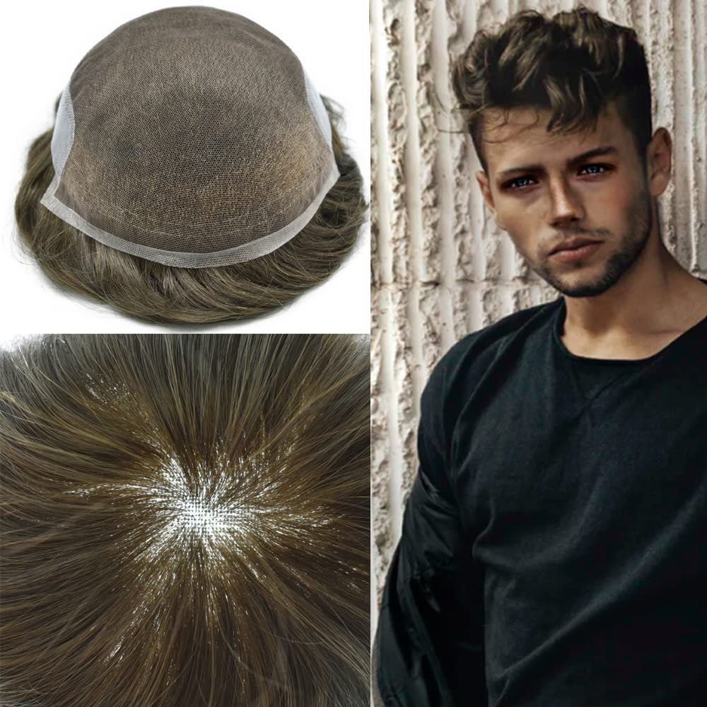 French Lace Front Mens Toupee European Human Hair Piece Bleached Knots Natural Hairline Men Hair System Toupee for Men Hair Prostesis7X9"-100% density#7 Very Light Brown